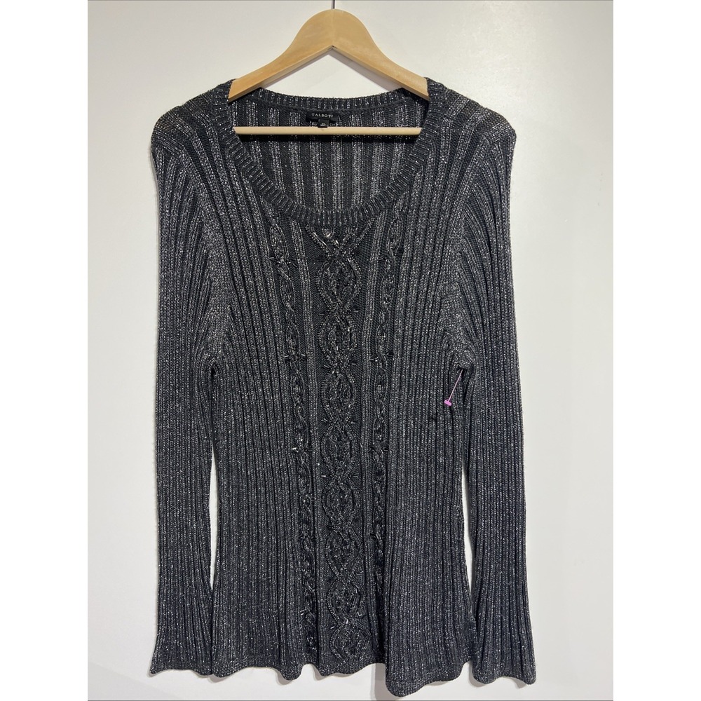 Talbots Shimmer Sweater Size XL Merino Wool Blend Capsule Cable Knit Purple
